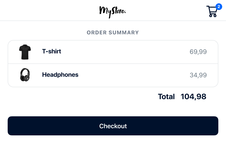 Online shopping cart with a T-shirt and headphones listed at a total of 104,98 euros, checkout button visible.