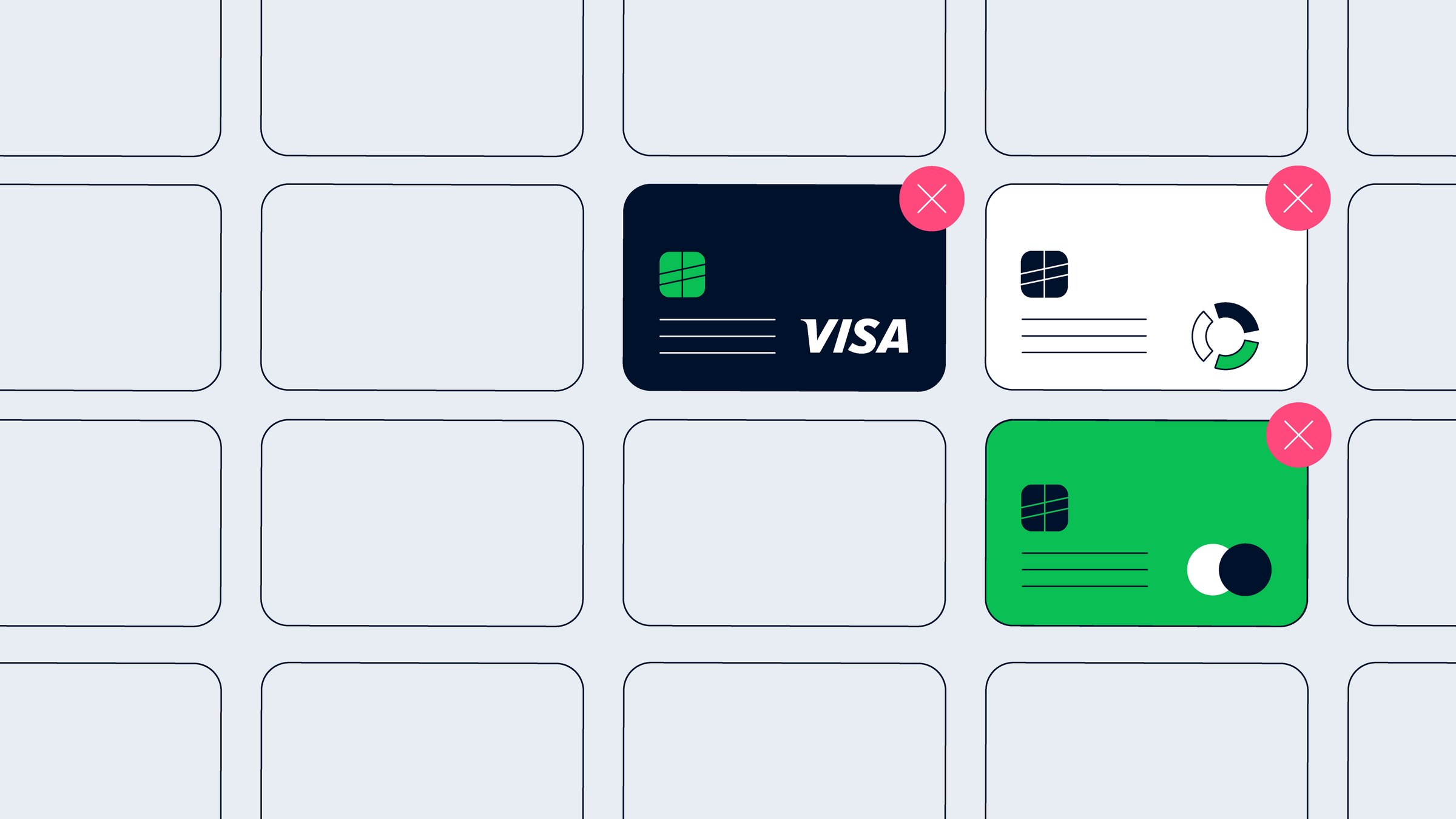 Diversos cartões de crédito com símbolos de transação recusada da Adyen