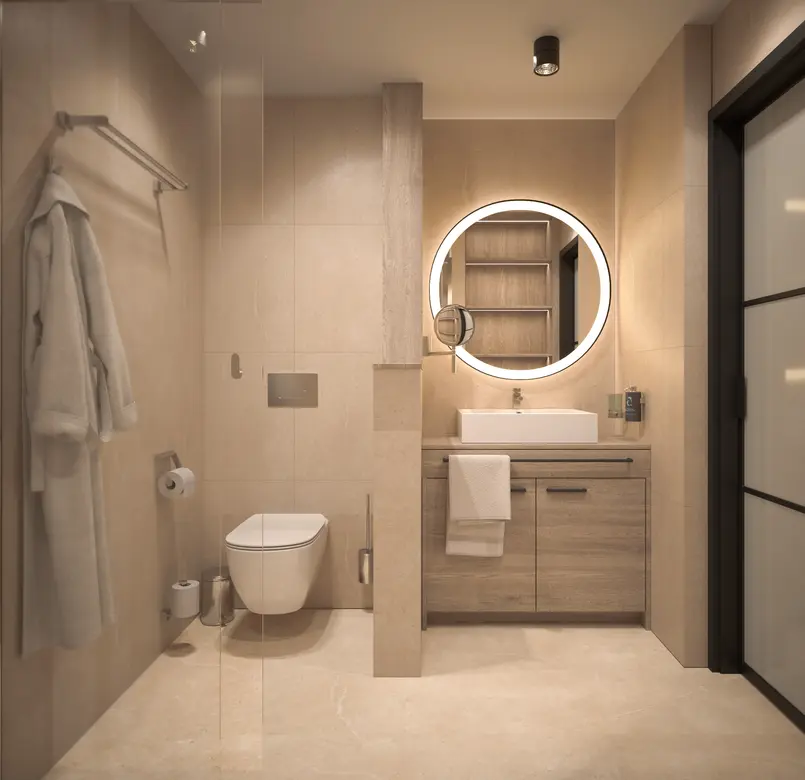 Das neue Badezimmer. Barrierefrei und in warmen Farbtönen.