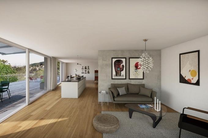 Wohnzimmer mit Sofa, Terrasse und Küche am Grienweg in Aesch