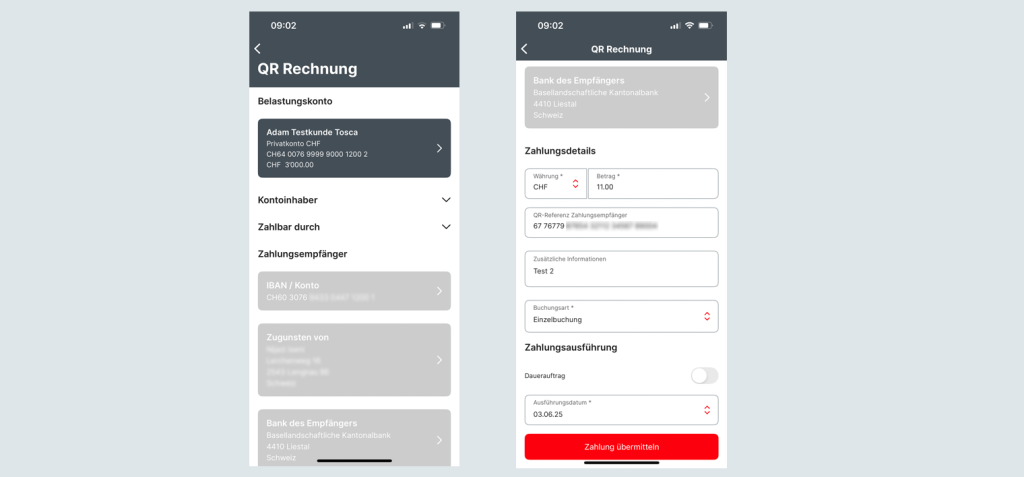 Screenshots der BLKB QR Rechnungs-App mit Zahlungsdetails und Übersicht.