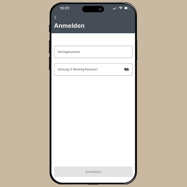 Mobiler Login Bildschirm der Basellandschaftlichen Kantonalbank (BLKB) mit Vertragsnummer und E-Banking Passwort