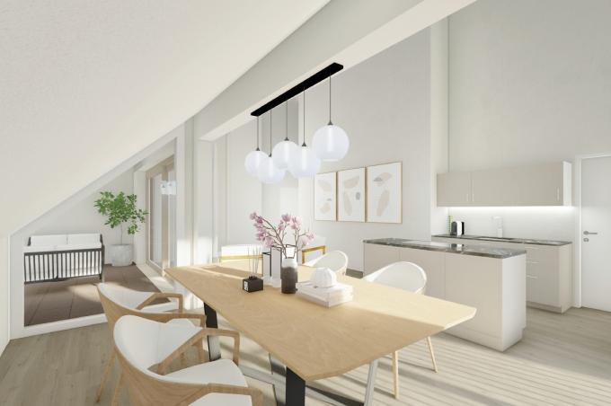 Wohnzimmer mit Küche, Esstisch, Stühlen und Schlafzimmer am Blauenweg in Nenzlingen