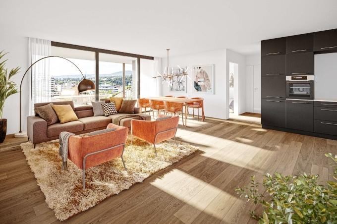 Wohnzimmer mit Esstisch, Stühlen, Sofa, Küche und Terrasse an der Breitenbachstrasse in Laufen