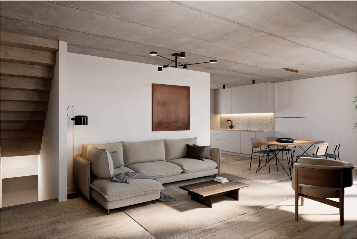 Modernes Wohnzimmer mit minimalistischer Einrichtung, ausgestattet mit einem gemütlichen Sofa und einem stilvollen Essbereich.