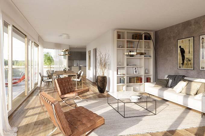 Wohnzimmer mit Sofas und Terrasse an der Loogstrasse in Münchenstein