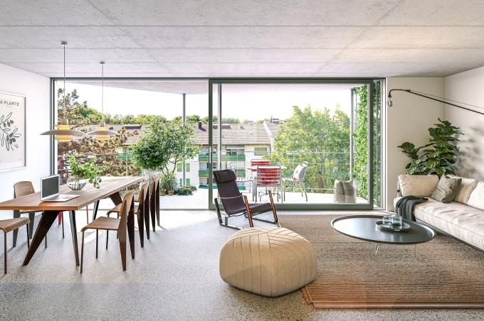 Wohnzimmer mit Esstisch, Stühlen und Terrasse an der Birsstrasse in Basel