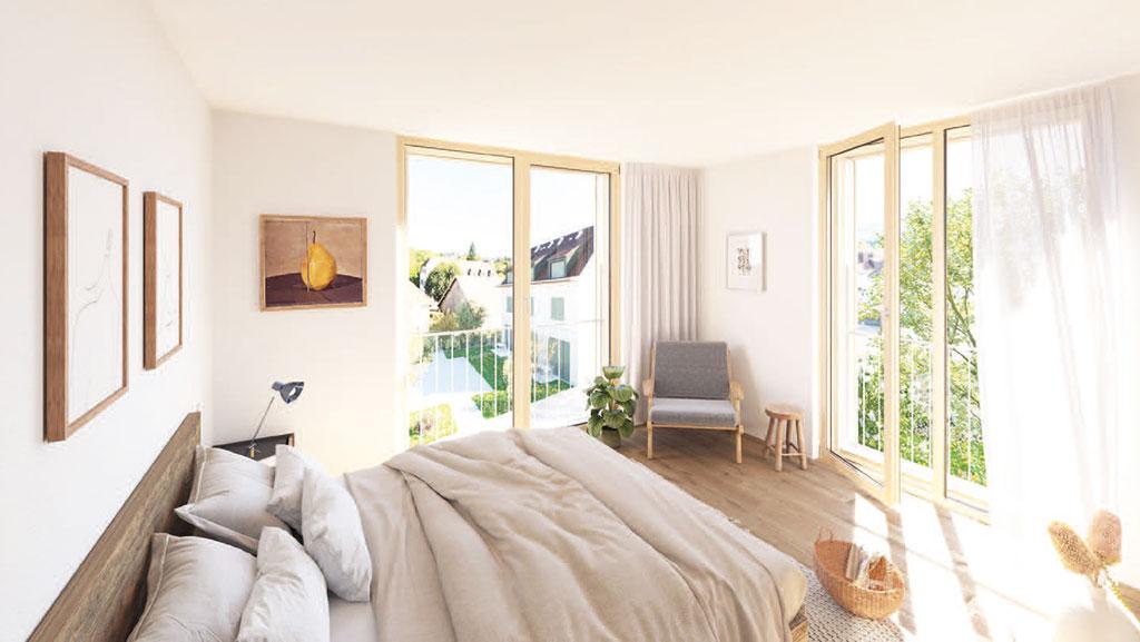 Schlafzimmer mit Balkon am Ruderholz in Augst