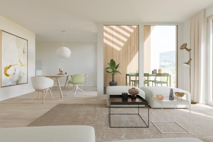Wohnzimmer mit Esstisch, Stühlen und Balkon an der Kirchgasse in Reinach