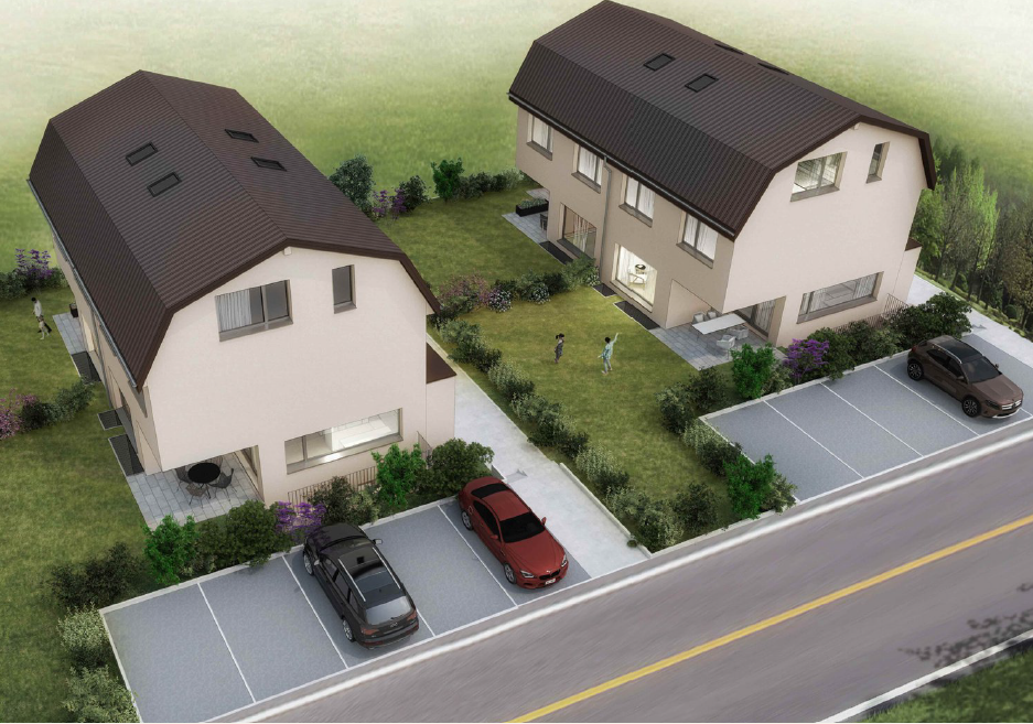 Moderne Wohngebäude mit gestalteten Höfen und Parkplätzen. Ideal für Familien.