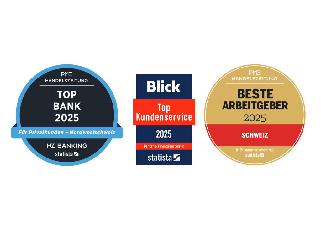 Drei Auszeichnungen 2025 fuer Top Bank, Top Kundenservice und Bester Arbeitgeber in Schweiz