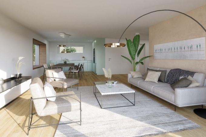 Wohnzimmer mit Esstisch, Stühlen, Sofa und Küche am Ischlagweg in Gelterkinden