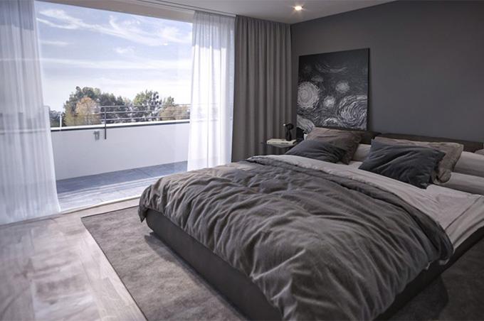 Schlafzimmer mit Bett und Balkon am Hasenrain in Therwil