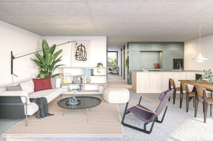 Wohnzimmer mit Esstisch, Stühlen und Küche an der Birsstrasse in Basel