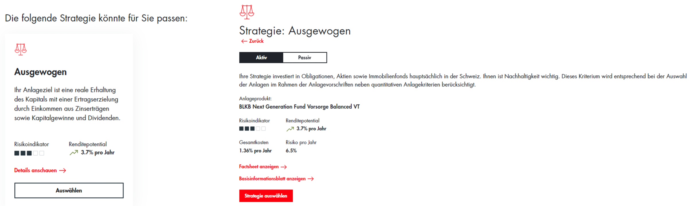 Screenshot zur E-Vorsorge, welches Strategien für individuelle Anlagesituationen anbietet.
