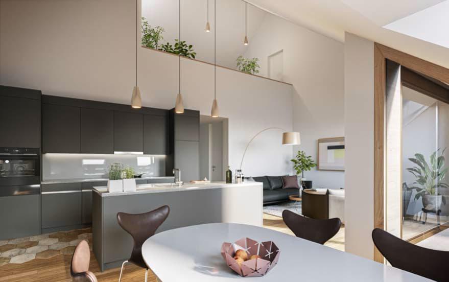Wohnzimmer mit Esstisch, Stühlen und Küche an der Fehrenstrasse in Breitenbach