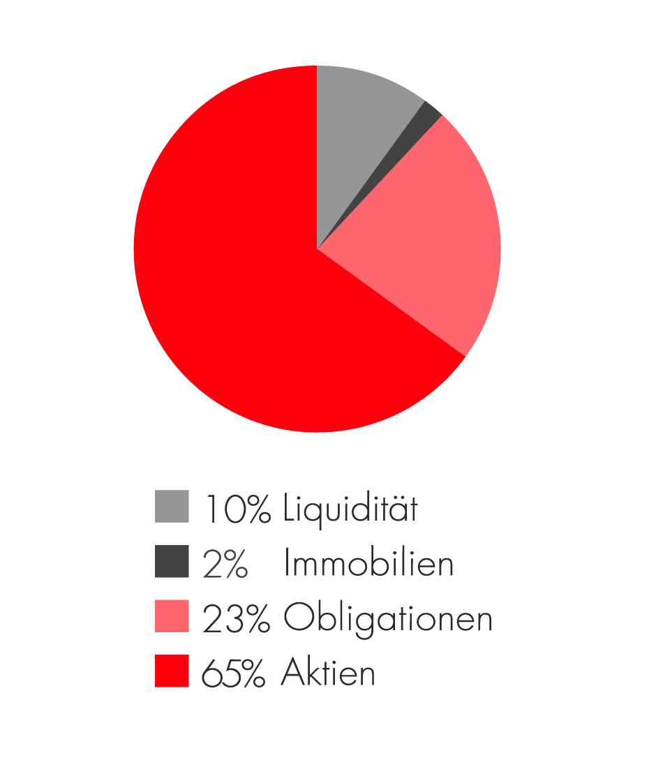 Kuchendiagramm von Growth Next Generation Strategy Fonds aus 4 Teilen. 10% Liquidität, 2% Immobilien, 23% Obligationen und 65% Aktien.