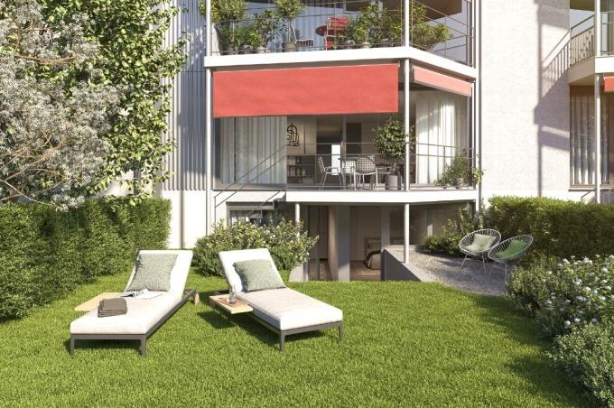 Garten mit Liegestühlen an der Birsstrasse in Basel