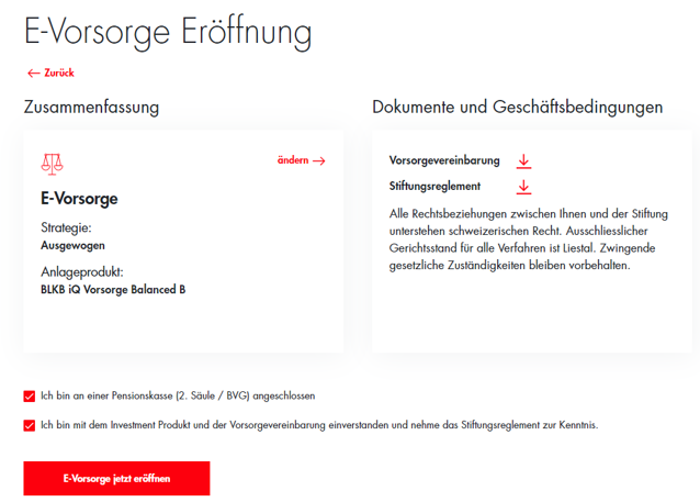 Screenshot zur E-Vorsorge Eröffnung für individuelle und flexible Vorsorgelösungen bei der BLKB.