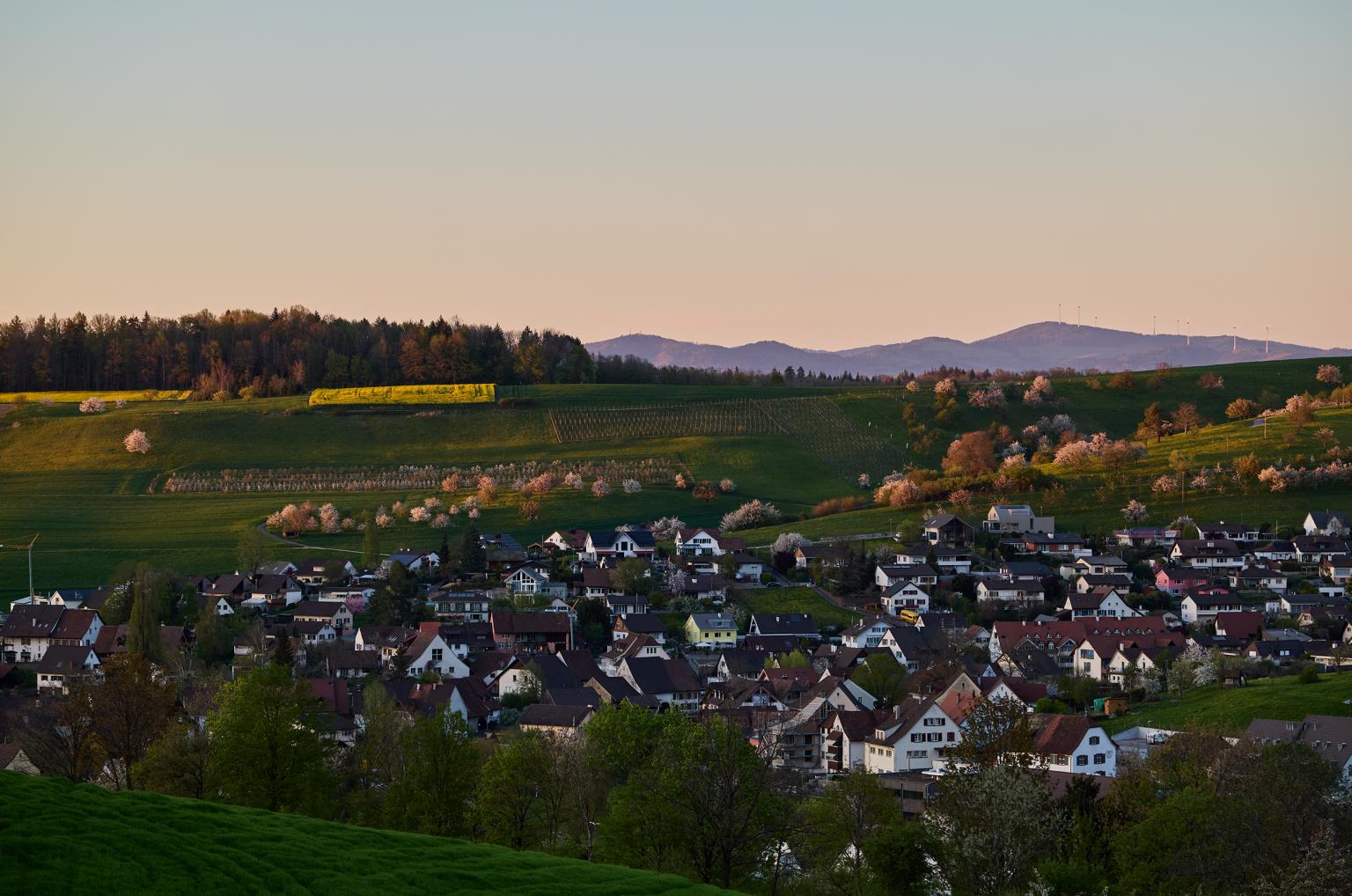 Landschaft mit Häusern und sanften Hügeln bei Sonnenuntergang in der Region Basel.