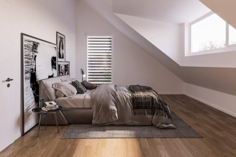 Modernes Schlafzimmer mit weißen Wänden, Holzfussboden der Einfamilienhäuser am Baselweg in Hochwald.