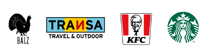 Logos von Balz, Transa (Travel & Outdoor), KFC und Starbucks
