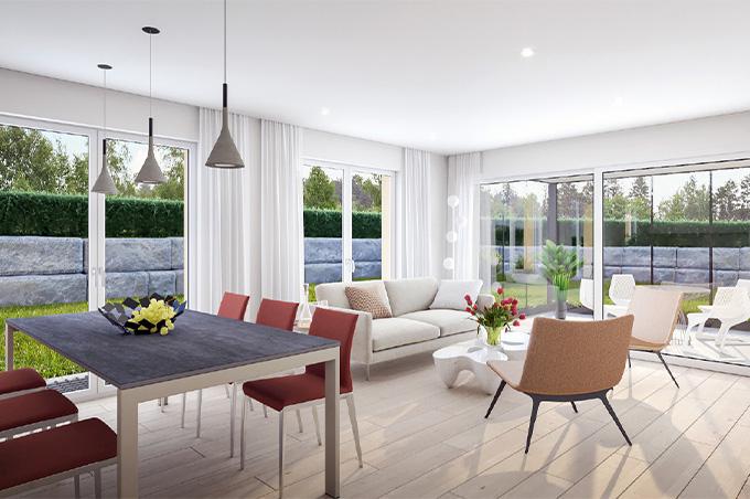 Wohnzimmer mit Esstisch, Stühlen und Terrasse an der Chillmattenstrasse in Biel-Benken