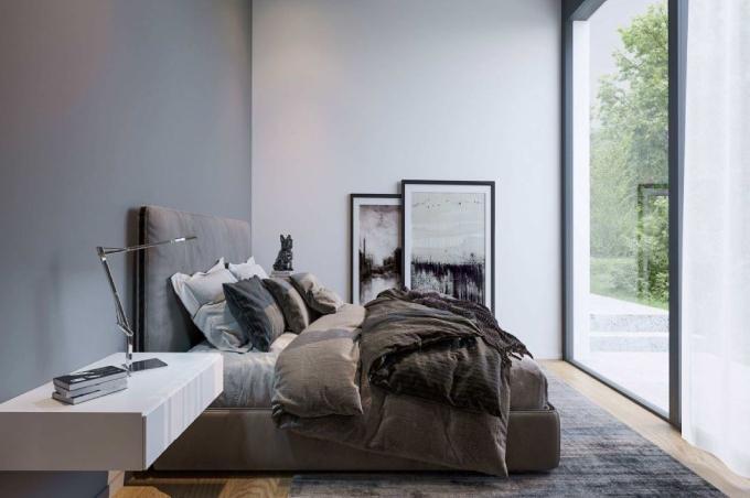 Schlafzimmer mit Bett und Terrasse an der Rebgasse in Binningen