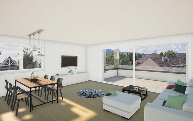 Wohnzimmer mit Balkon, Esstisch und Stühlen an der Birseckstrasse in Arlesheim