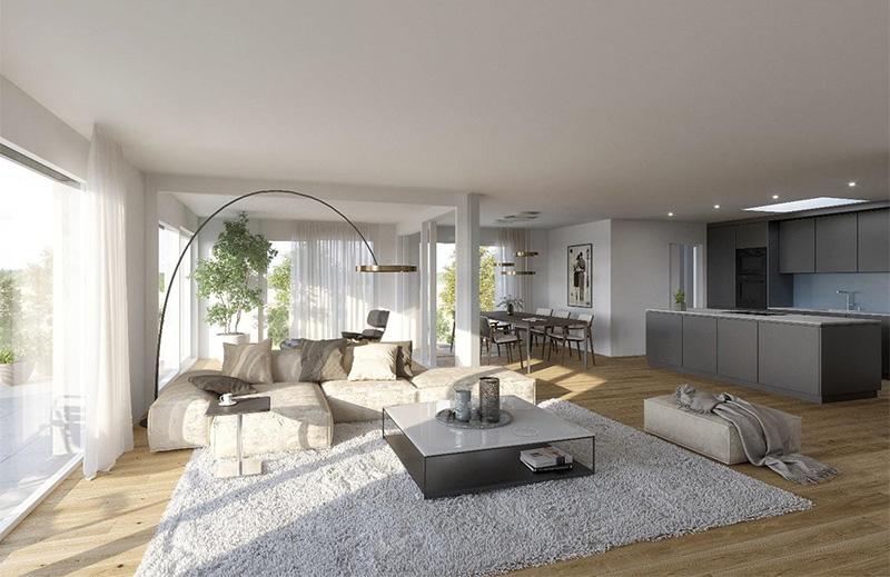 Wohnzimmer mit Sofa, Terrasse, Esstisch und Küche am Grienweg in Aesch