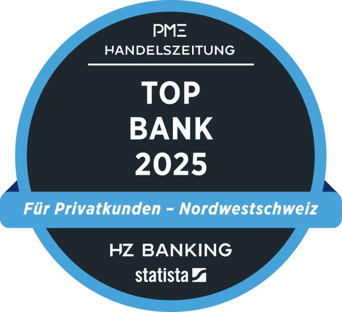 Top-Bank-2025-Auszeichnungssiegel von der PME Handelszeitung für HZ Banking in Nordwestschweiz, gerichtet an Privatkunden.