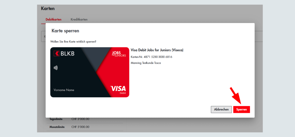 Screen zeigt das Sperren der BLKB Debitkarte im Online-Banking.