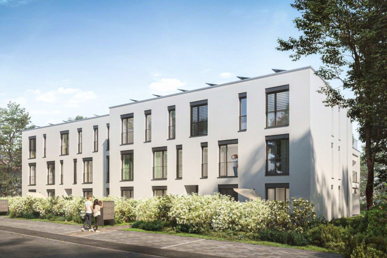 Modernes Wohngebäude an der Eichenstrasse 17, 4142 Münchenstein mit klaren Linien und üppiger Bepflanzung. Helle, einladende Atmosphäre.