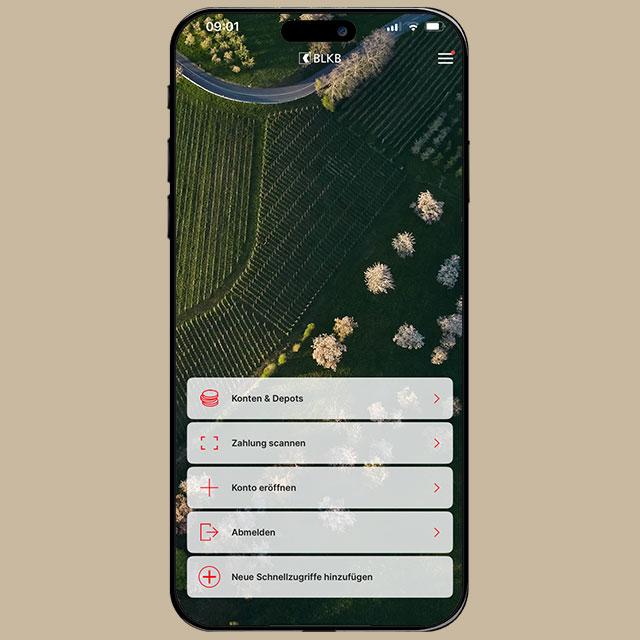 Smartphone-App der Basellandschaftlichen Kantonalbank mit Funktionen im Bereich Konten.