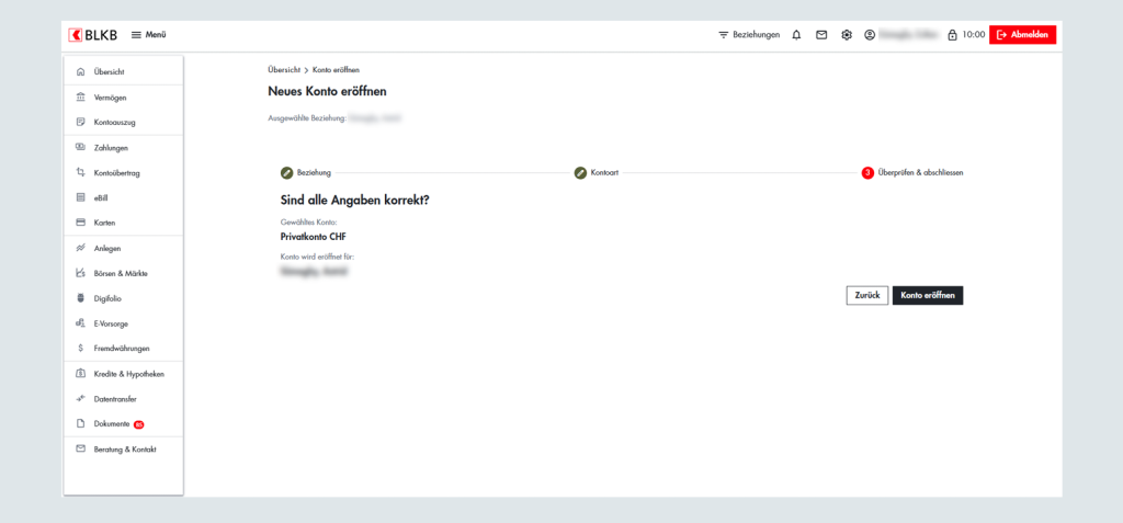 Digitale Banking-Oberfläche der Basellandschaftlichen Kantonalbank (BLKB) im Browser.