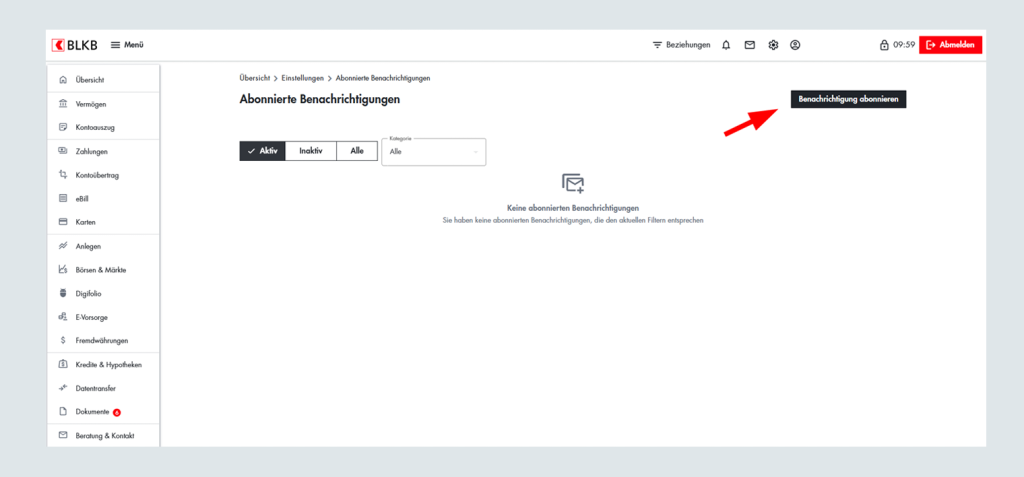 Screenshot der BLKB Online-Banking Seite mit Option zum Downloaden der Benachrichtigungen