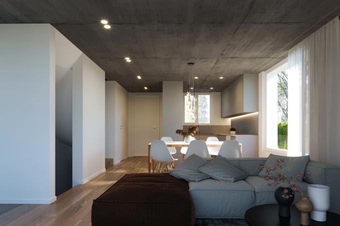 Wohnzimmer mit Esstisch, Stühlen, Küche und Sofa am St. Martinsweg in Laufen