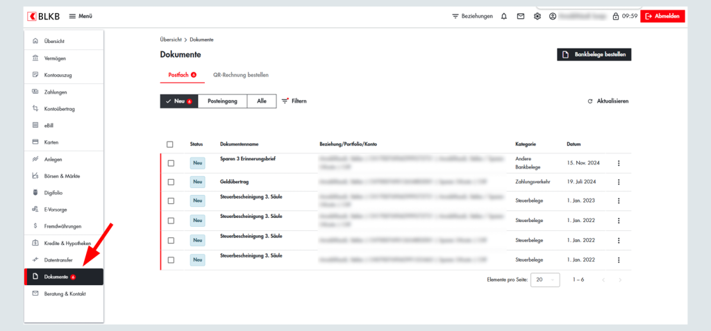 Bildschirm zeigt die Dokumentenübersicht der BLKB mit Einladung zur Bezahlung.