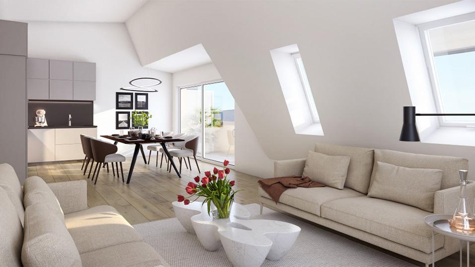 Wohnzimmer mit Esstisch, Stühlen und Sofas am Flühbergweg in Ettingen