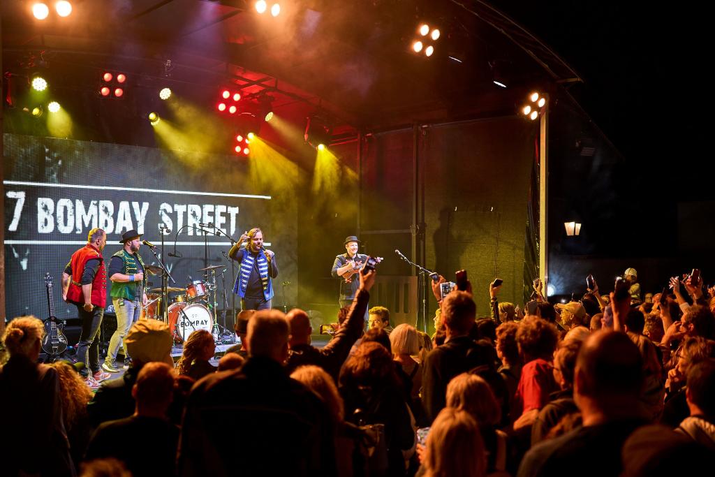 Musiker performen live auf einer Bühne vor jubelndem Publikum bei Nacht. aus dem Artikel