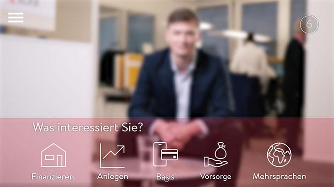 Thumbnail zum Video Online-Beratung. Es enthält Themen im Bereich Finanzieren, Anlegen, Basis, Vorsorge und Mehrsprachen.