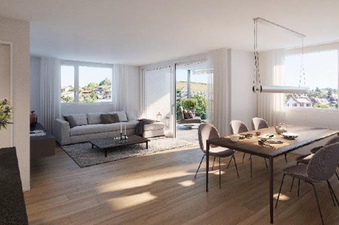 Wohnzimmer mit Esstisch, Stühlen, Sofa und Terrasse am Burkhaldenpark in Herznach