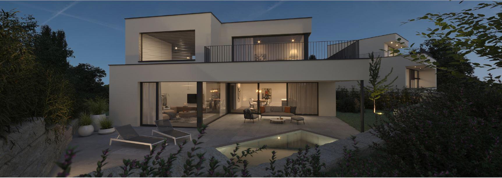 Moderne zweistöckige Villa bei Dämmerung mit Pool und Garten.