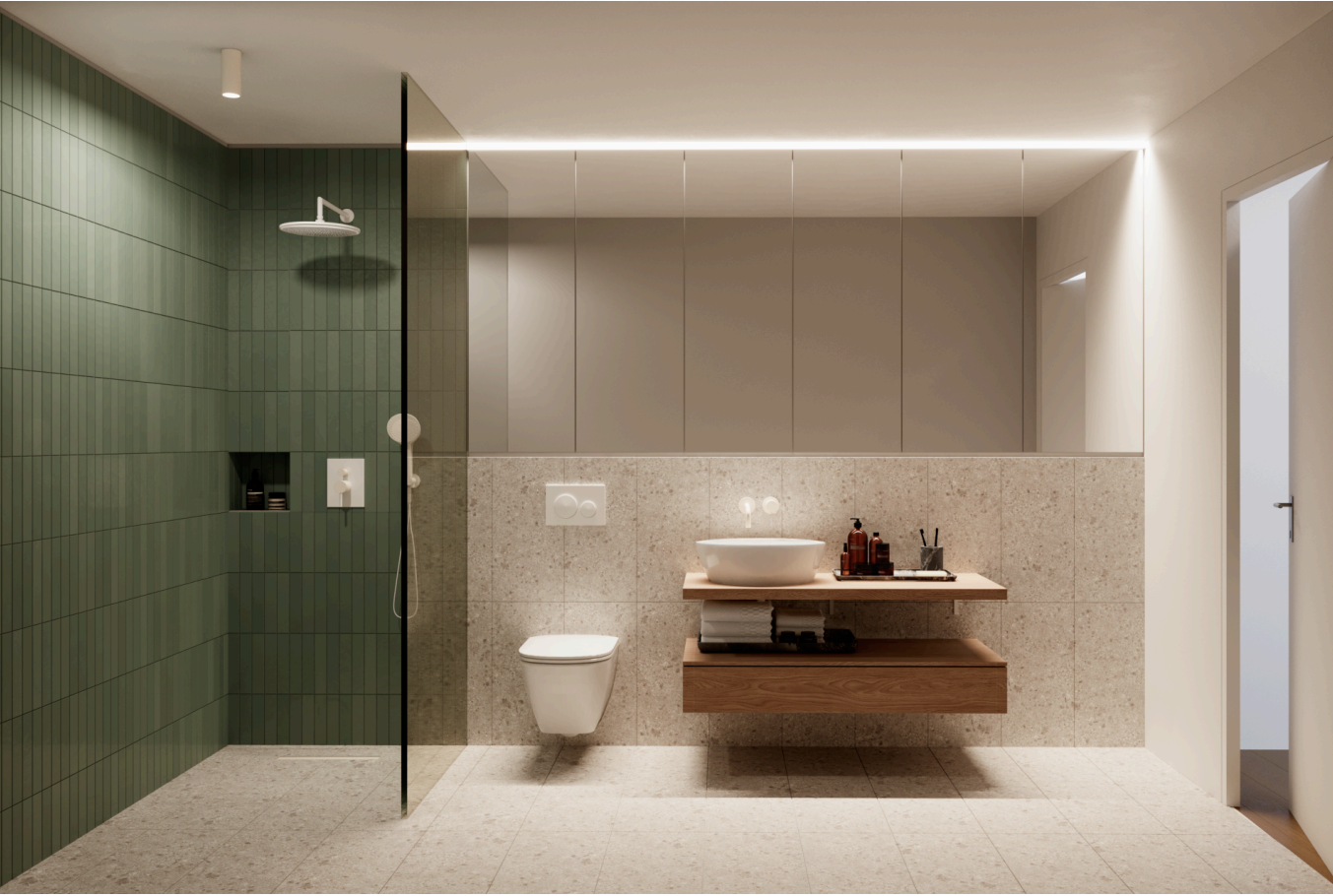 Modernes Badezimmerdesign mit grünen Fliesen, Holzakzenten und eleganten Armaturen.
