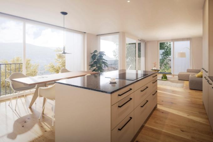 Wohnzimmer mit Küche, Esstisch, Stühlen, Sofa und Balkon an der Eggstrasse in Frenkendorf