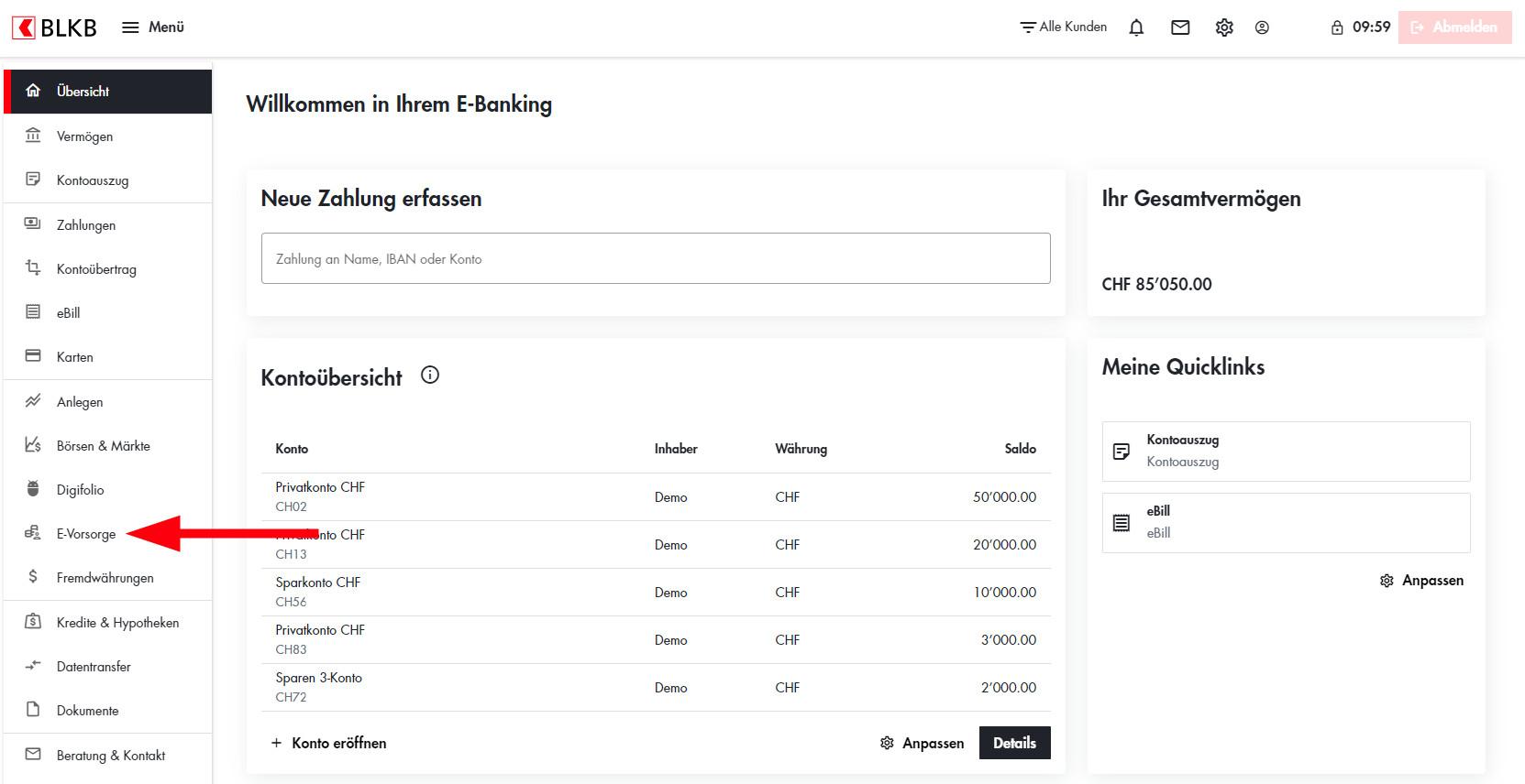 Screenshot zur Übersicht des E-Bankings mit dem Pfeil, welches aufzeigt, die E-Vorsorge-Auswahl zu klicken.