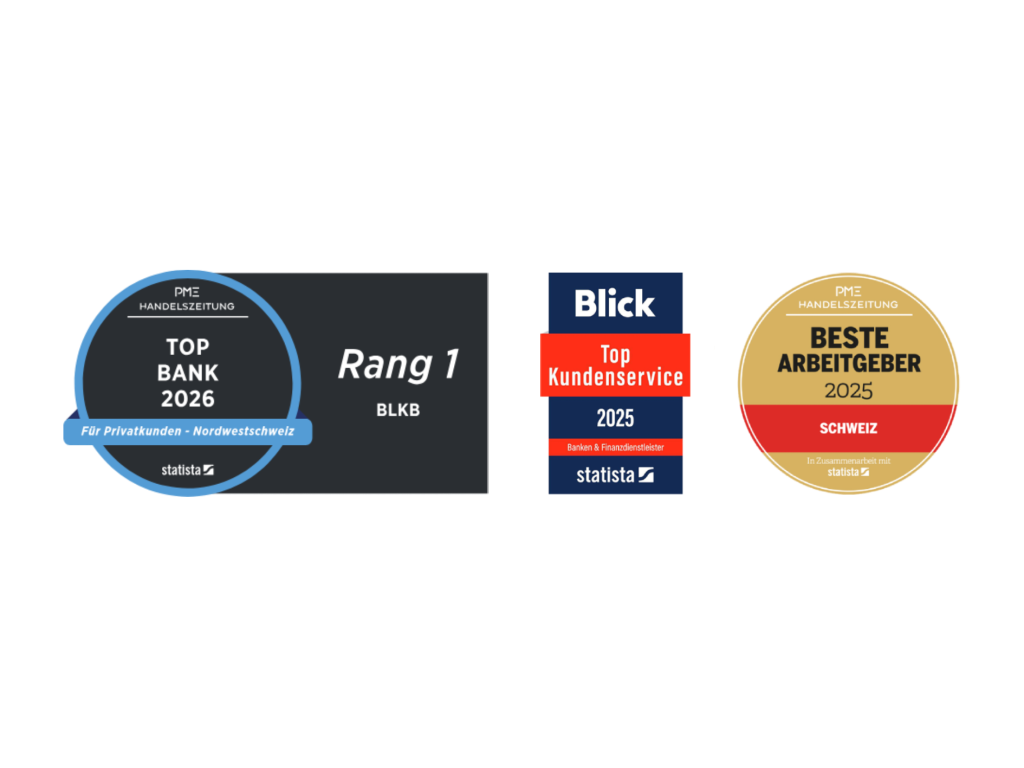 Drei Auszeichnungen: Rang 1 als Top Bank 2026, Top Kundenservice 2025 und Beste Arbeitgeber 2025 der BLKB