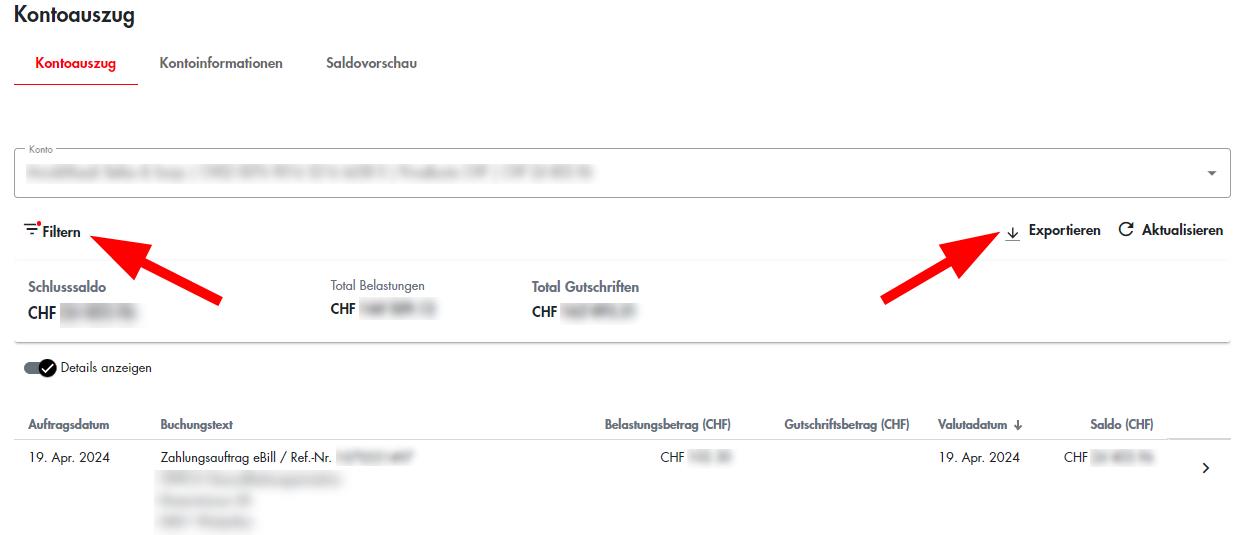Übersicht zum Kontoauszug mit der Übersicht, wo man den Auszug filtern und exportieren kann.