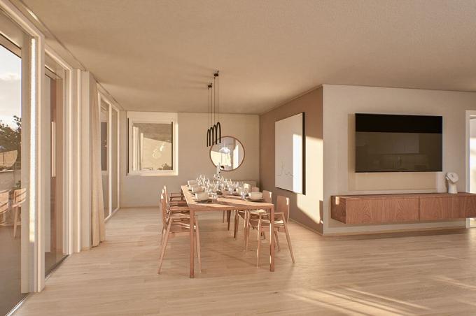 Wohnzimmer mit Esstisch, Stühlen und Terrasse an der Delsbergstrasse in Grellingen