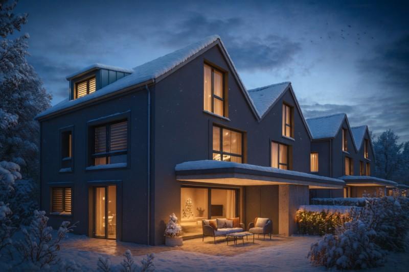 Moderne Einfamilienhäuser bei Nacht mit warmem Licht und verschneiter Umgebung am Tubhusweg in Muttenz.